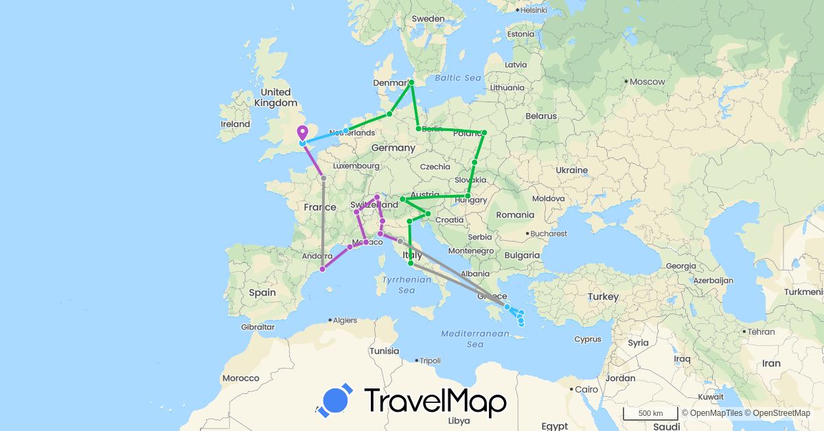 TravelMap itinerary: bus, plane, train, boat in Austria, Switzerland, Germany, Denmark, Spain, France, United Kingdom, Greece, Hungary, Italy, Netherlands, Poland, Slovenia (Europe)